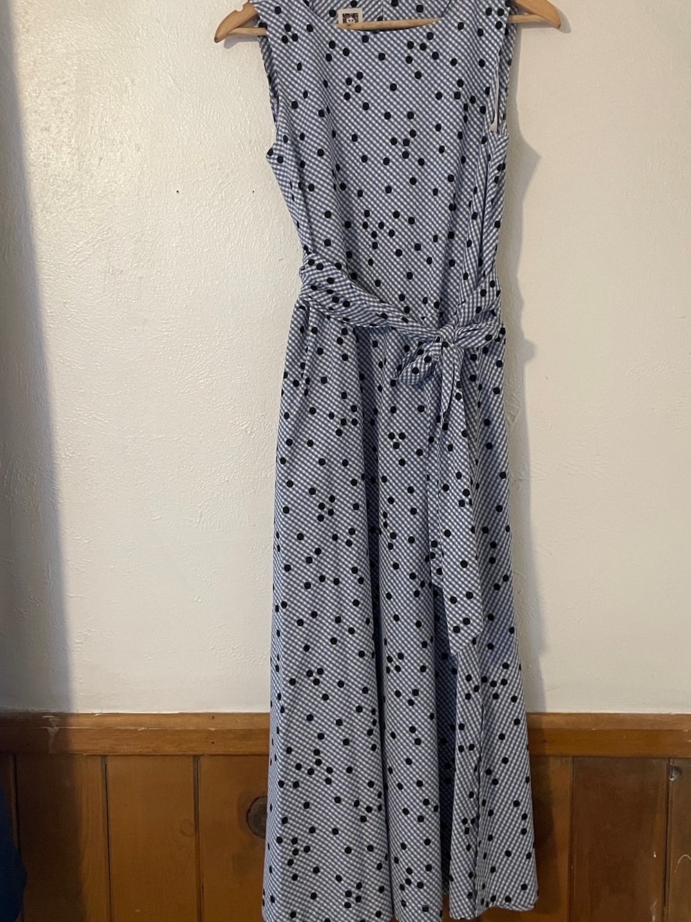 Anne Klein Blue White Gingham Black Polka Dot Cotton Midi Dress Size S